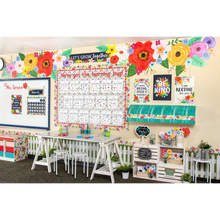 Load image into Gallery viewer, Large wildflower bulletin board with bright colorful flowers, perfect for classroom decor. Featuring cheerful floral designs in pink, red, yellow, and green, ideal for displaying student work or announcements.